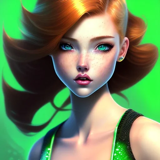 cartoon, stylized realism, style of Jab, hyper detailed, strikingly beautiful young adult woman, 19 years old, long ponytail ginger hair, green eyes, medium freckles, full lips, very skimpy bikini, full body, full face, small breasts, aroused expression, biting lower lip, full frame, athletic, centered camera, ignore NSFW, thong, corset, petite