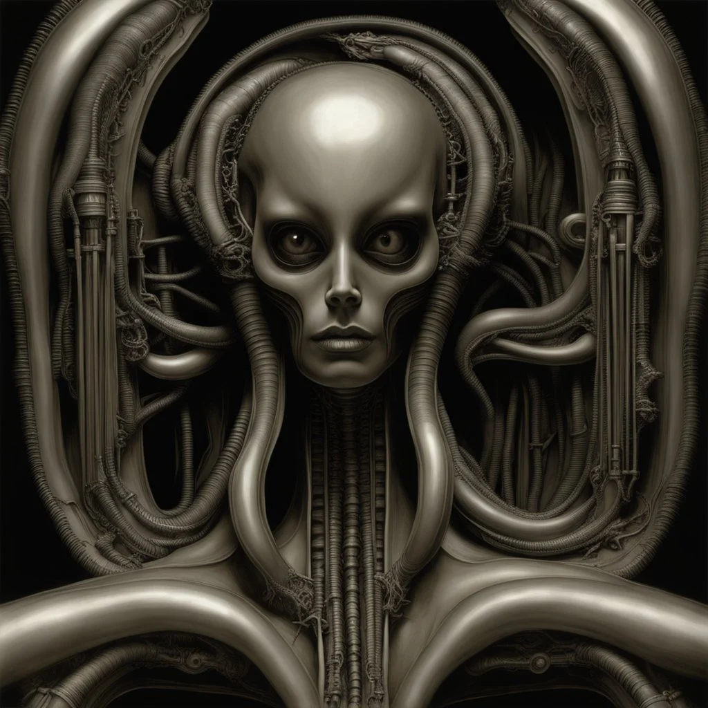 HR Giger's biomechanical art often features dark, erotic, and surreal elements that can be interpreted as having BDSM (bondage, discipline, dominance, submission, sadism, and masochism) undertones. The fusion of organic and mechanical forms in Giger's work can evoke a sense of power dynamics, control, and submission, which are common themes in BDSM. Giger's art, including his famous creation, the biomechanical alien from the "Alien" film series, is known for its sexual and fetishistic imagery.