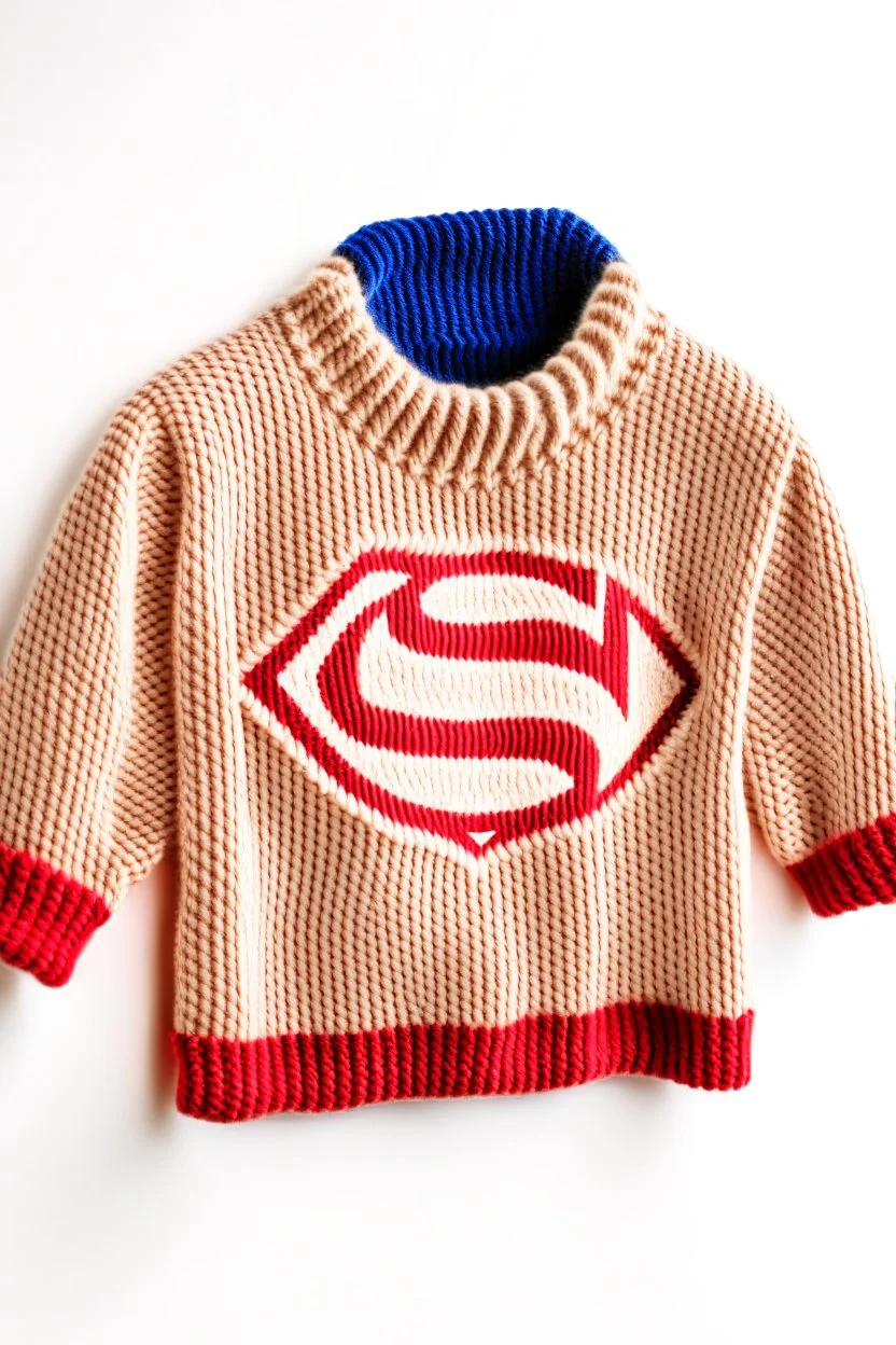 Superman's Balenciaga sweater Winter elegant inspired by Superman's emblem design beige tones with dual color on a white background, product catalog photography, soft spot lighting, depth of field, 4k –ar 3:5 –q 2