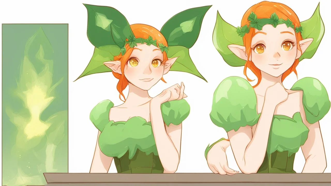 woman Elf with orange hair and glowing green eyes She wears a light green dress