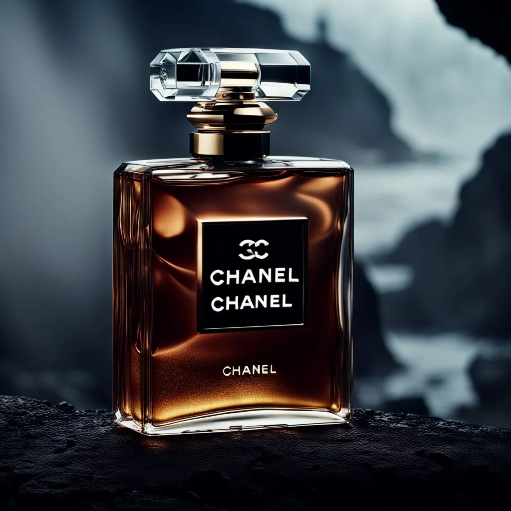 social media ad post for Chanel brand royal perfume .steam in the background. dramatic on rock cinematic t .cinematic,8k high cualitcy