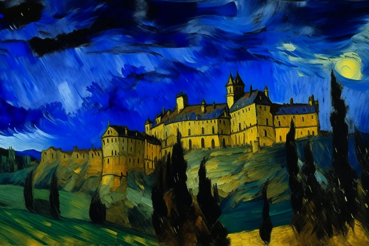 A purple castle in a thunderstorm painted by Vincent van Gogh