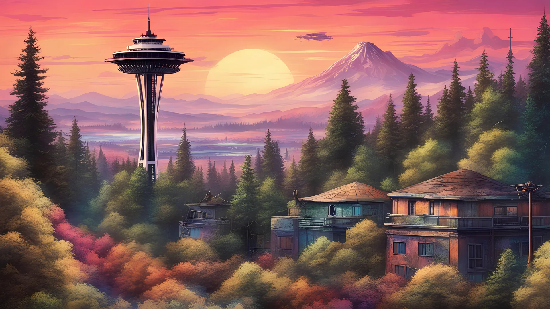 colorful vibrant fantasy image overgrown Seattle wasteland, retrofuture, atompunk, fifties, landscape, apocalypse, pine trees, space needle