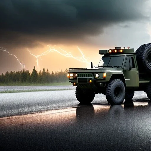 stylized photorealistic shot, military truck, monotone color palette, sharp focus, puddle reflec1tion, tire mud splashes, refraction, mist on the horizon, thunder and lightning, overcast shadow, detailed and intricate, cinematic composition, 8k, micro, tilt shift photography, bokeh, anamorphic lens