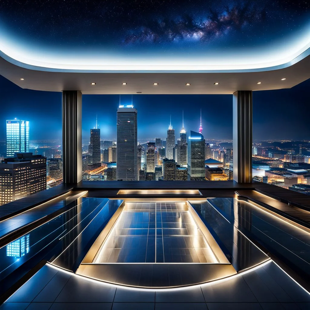 luxury big square hall in top floor of skyscrapper in moder city at night sky,city scape at backgrownd