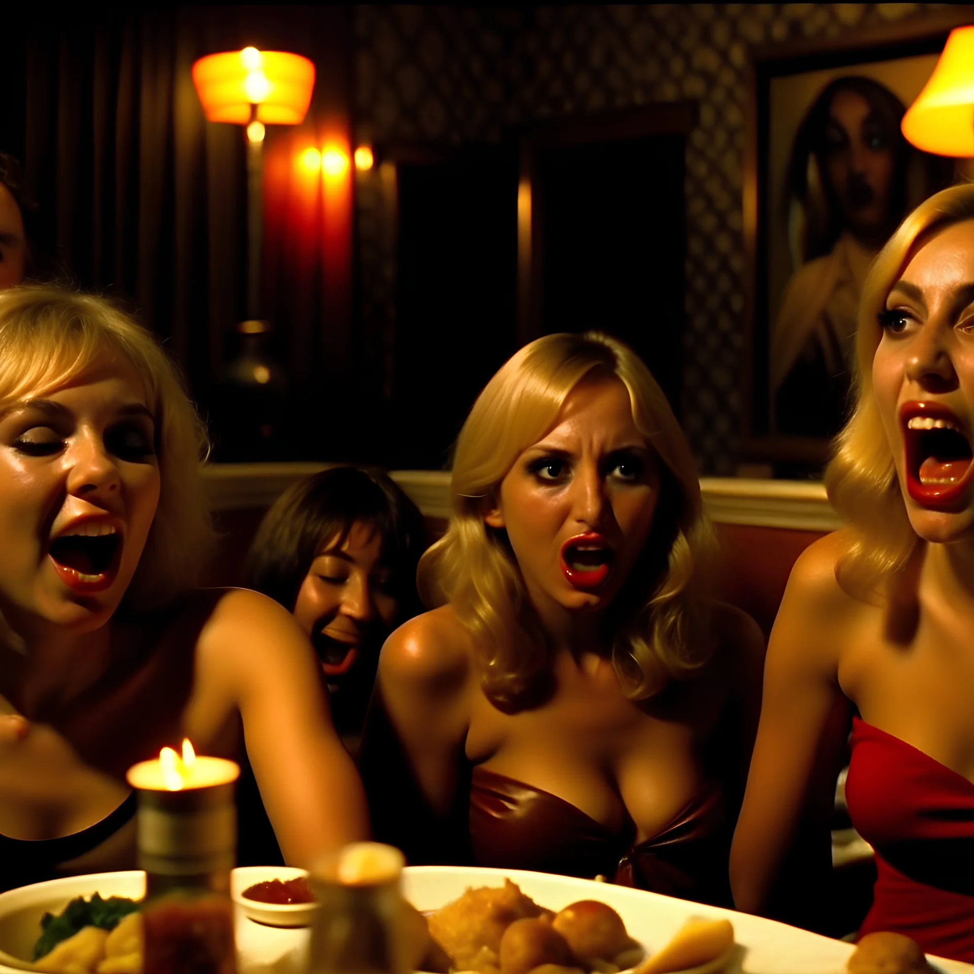 Horror movie shot, hot, ultra l realistic, dine, horns, ultra chaos, realistic hot blonde women, party, pieces of meat, tongue, organs, hot dynamic, very excited people, hypermaximalist figures, light, 1970's Italian horror movie, sinister,, Dario Argento, Stanley Kubrik, ornate, 4k, photorealism