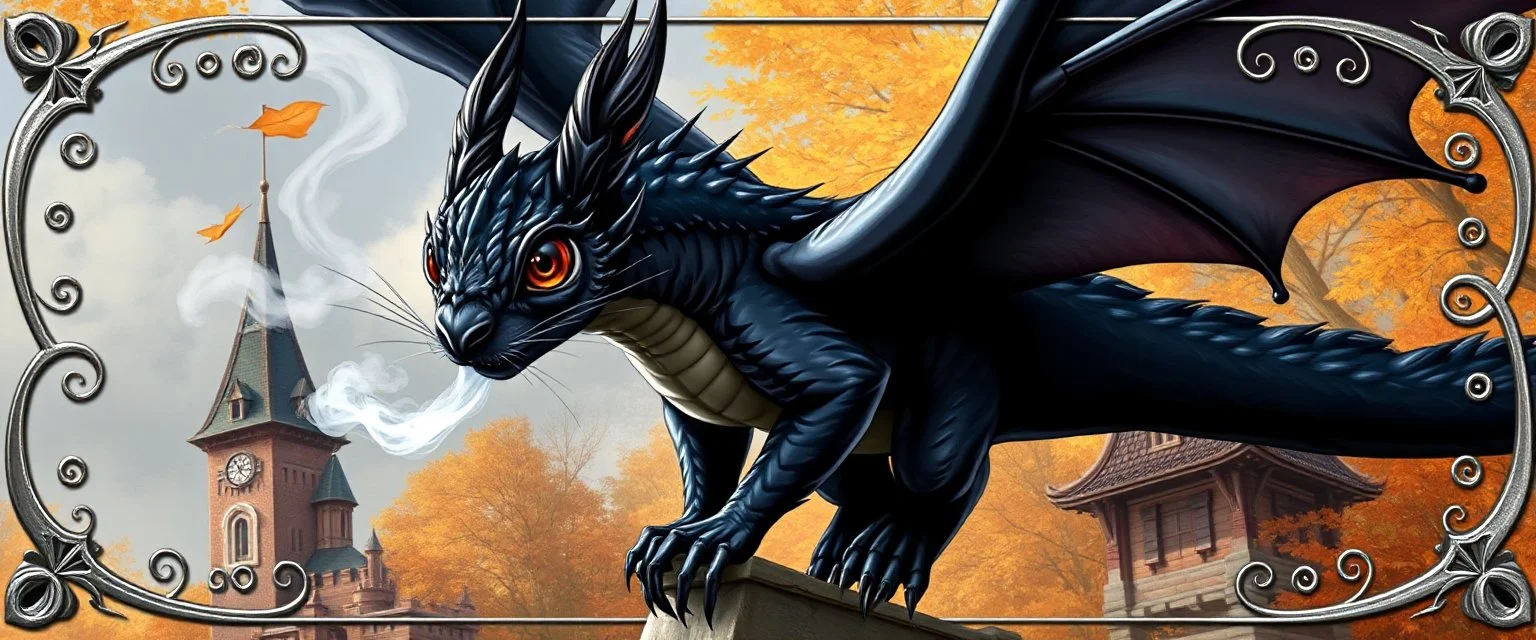 portrait of a shiny black dragon squirrel in autumn, flying above wooden castle, breathing smoke, book cover illustration, with swirly metallic 3d border