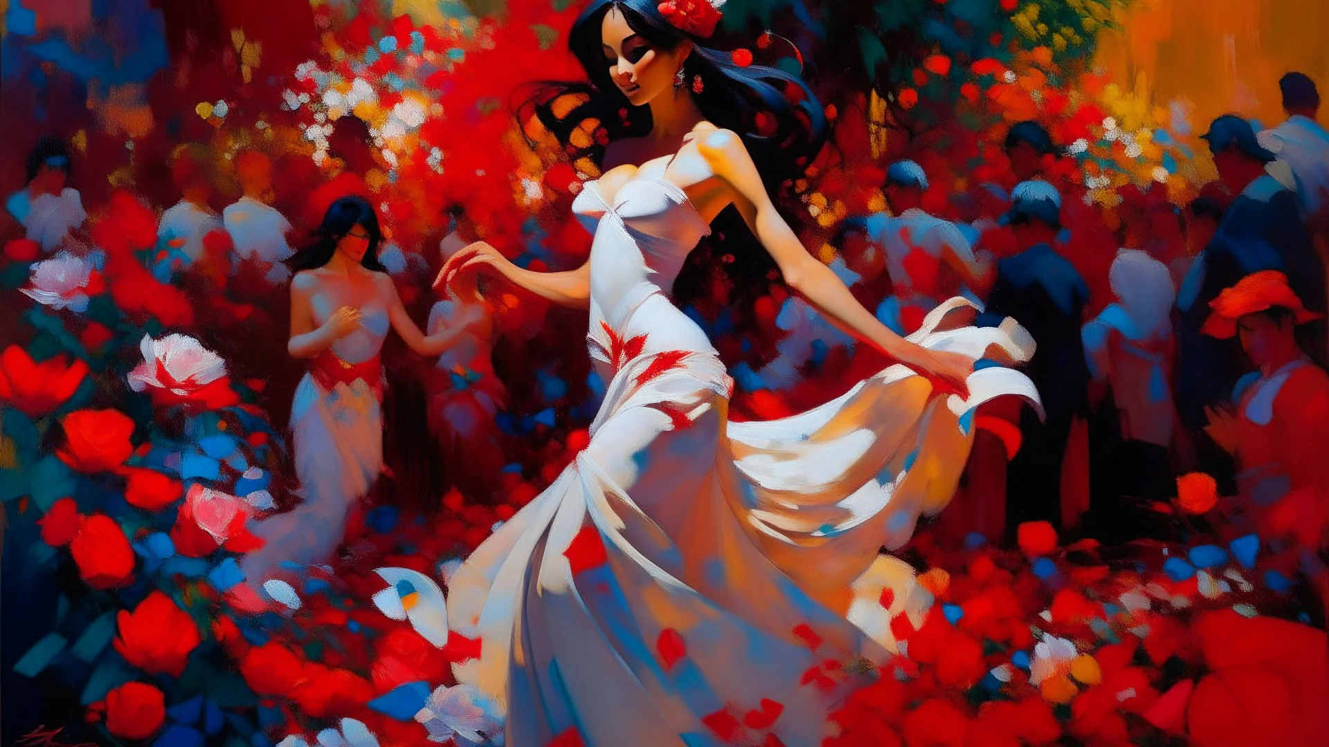 Image is a vibrant, impressionistic painting depicting a lively scene. In the foreground, a dancer with fair skin and dark hair adorned with bright red flowers is captured mid-movement, wearing a flowing white dress with a long, colorful train. Her pose is dynamic, suggesting motion and grace. The background features a dimly lit outdoor setting with a group of people, some seated and others standing, under a canopy of lights. The scene is bathed in a mix of warm and cool tones, with a contrast b