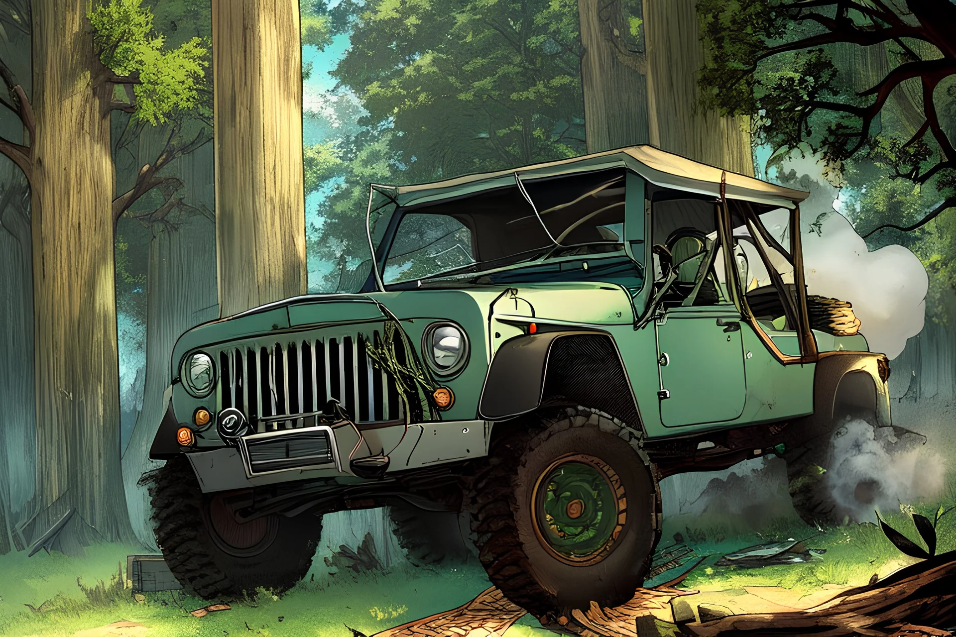 tree made of money with roots wrapped around a jeep while the jeep is trying to drive off but is stuck pulling the tree and smoke is coming out of the car while the tree is leaning from the power of the car