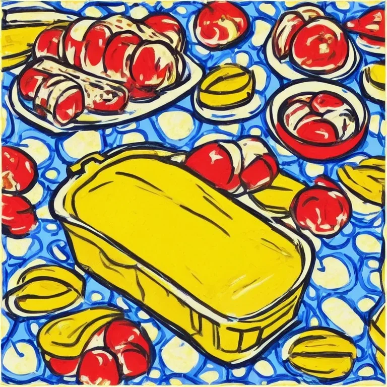 white bread, butter in butter dish, seamless pattern, oil on canvas, pop art