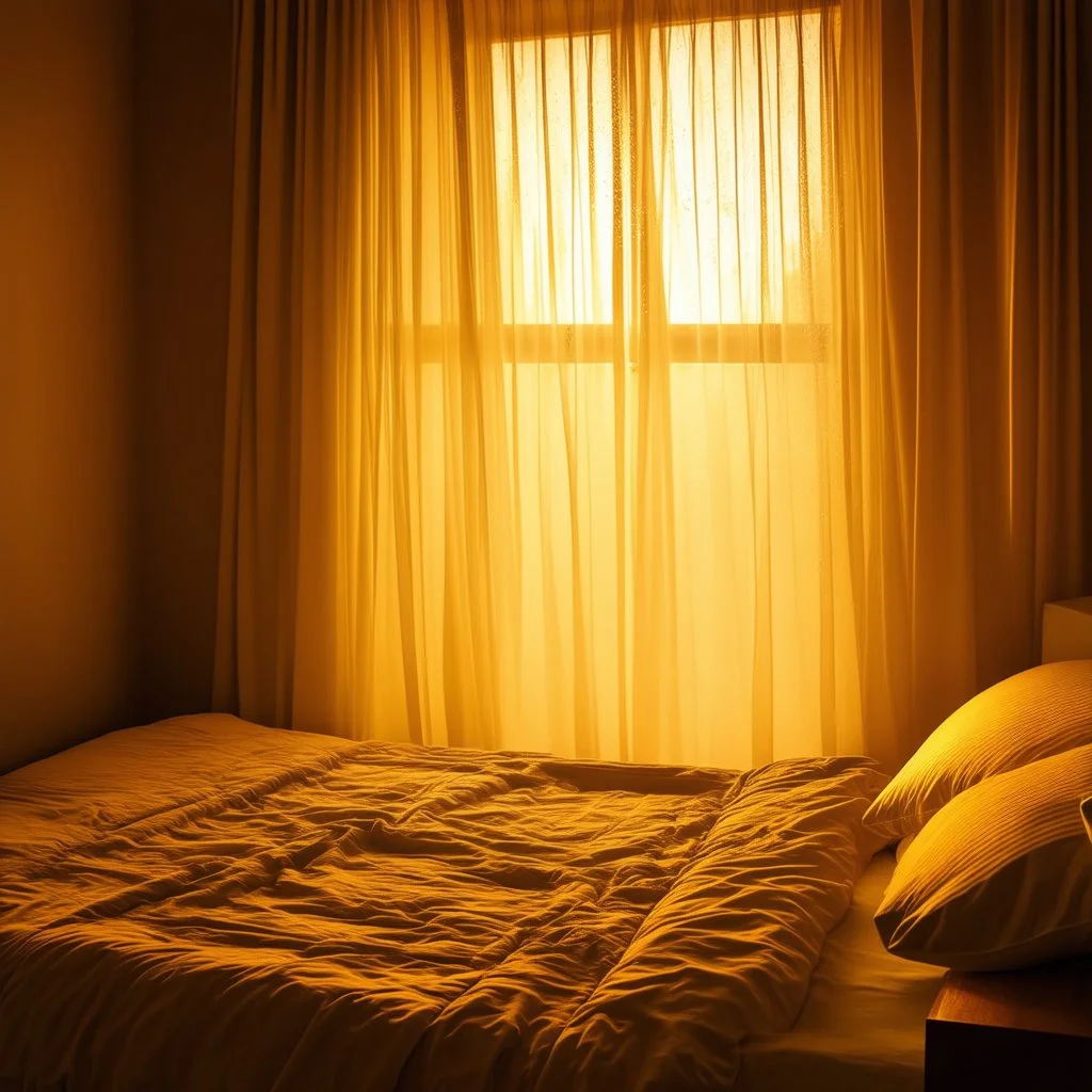 A dreamy, romantic bedroom at dawn, glowing soft yellow light through sheer curtains, peaceful and quiet atmosphere, delicate textures, floating particles of dust in the air, open window with a gentle breeze, subtle eastern-inspired decor elements, cozy and poetic, cinematic composition, ambient fantasy art, no people