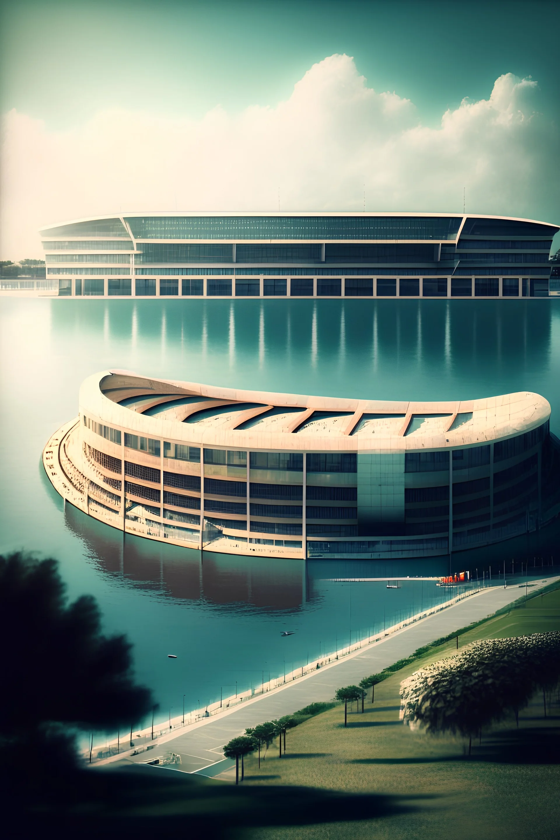 An Italian football stadium in a waterside setting