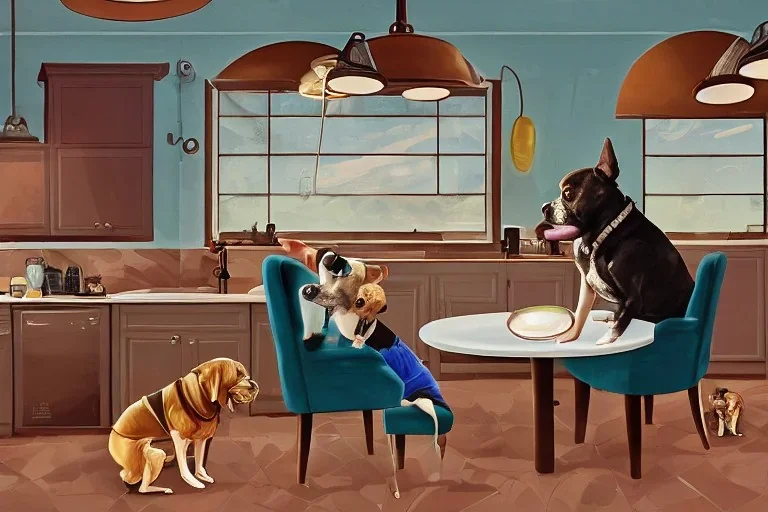 one Dog sat on a chair wearing a pair of glasses and reading the newspaper, another dog washing dishes in a sink in the background, surrealism, maximalism, dynamic lighting, dynamic movement, panorama, wide-angled lense, DSLR, intricately detailed