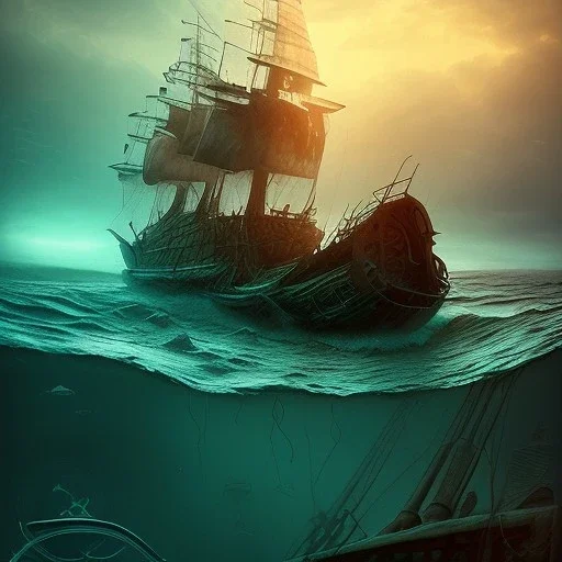 upper body on pirate cast, sunken shipwreck, water, reflection, movie poster, fantasy art, misty