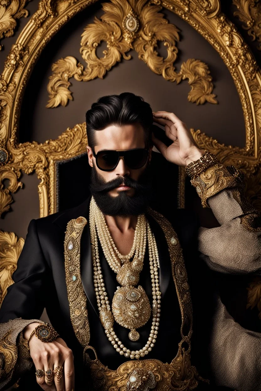 Artistic photo in the audacius style of Jill Greenberg, of man with a luxurious and striking style, abundance of jewelry, oversized sunglasses, neat black beard, feminine manirism, prints, desafiant, extravagant, barroque escene , impasto style with thick texture