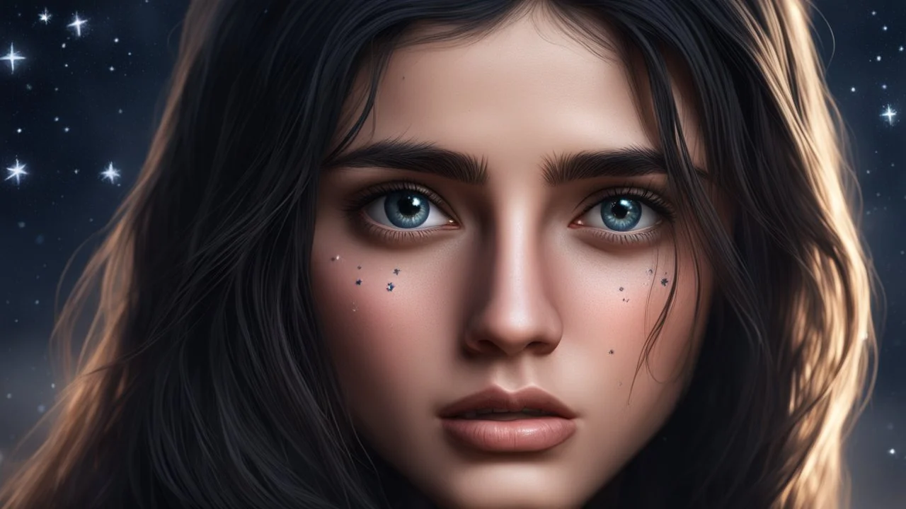 Hyper Realistic middle-angle-face-view of a Sad-Young-Beautiful-Pashto-Woman-with-beautiful-eyes-with-tears-&-long-black-hair at dark-night-with-stars-on-sky