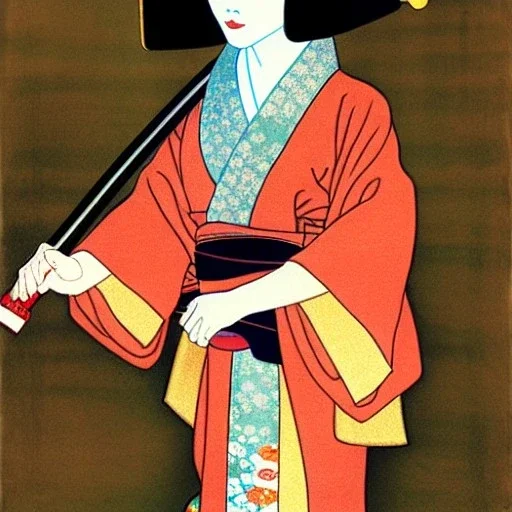 Retrato de cuerpo entero una Geisha con kimono con Katana con el estilo de Gustav Klimt