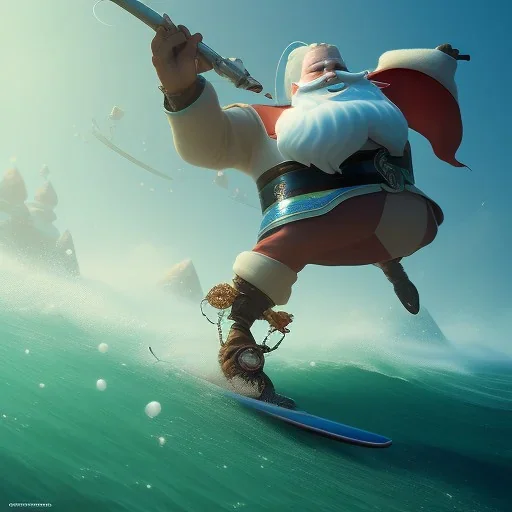 Santa surfing a big wave, surfboard, beach, character design by cory loftis, fenghua zhong, ryohei hase, ismail inceoglu and ruan jia. unreal engine 5, artistic lighting, highly detailed, photorealistic, fantasy