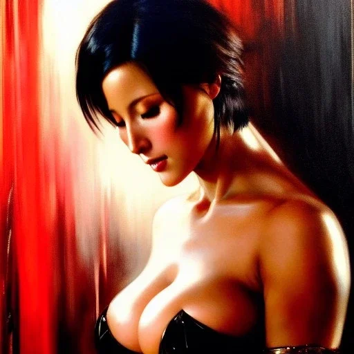 Drawing of beautiful face,'beautiful,Busty fit 'Ada Wong',intense stare, ancient skintight armor, balanciaga fashion clothe painting by gaston bussiere, greg rutkowski, yoji shinkawa, yoshitaka amano, tsutomu nihei, donato giancola, tim hildebrandt Oil on canvas, cinematic composition, extreme detail,fit full head inside picture,16k