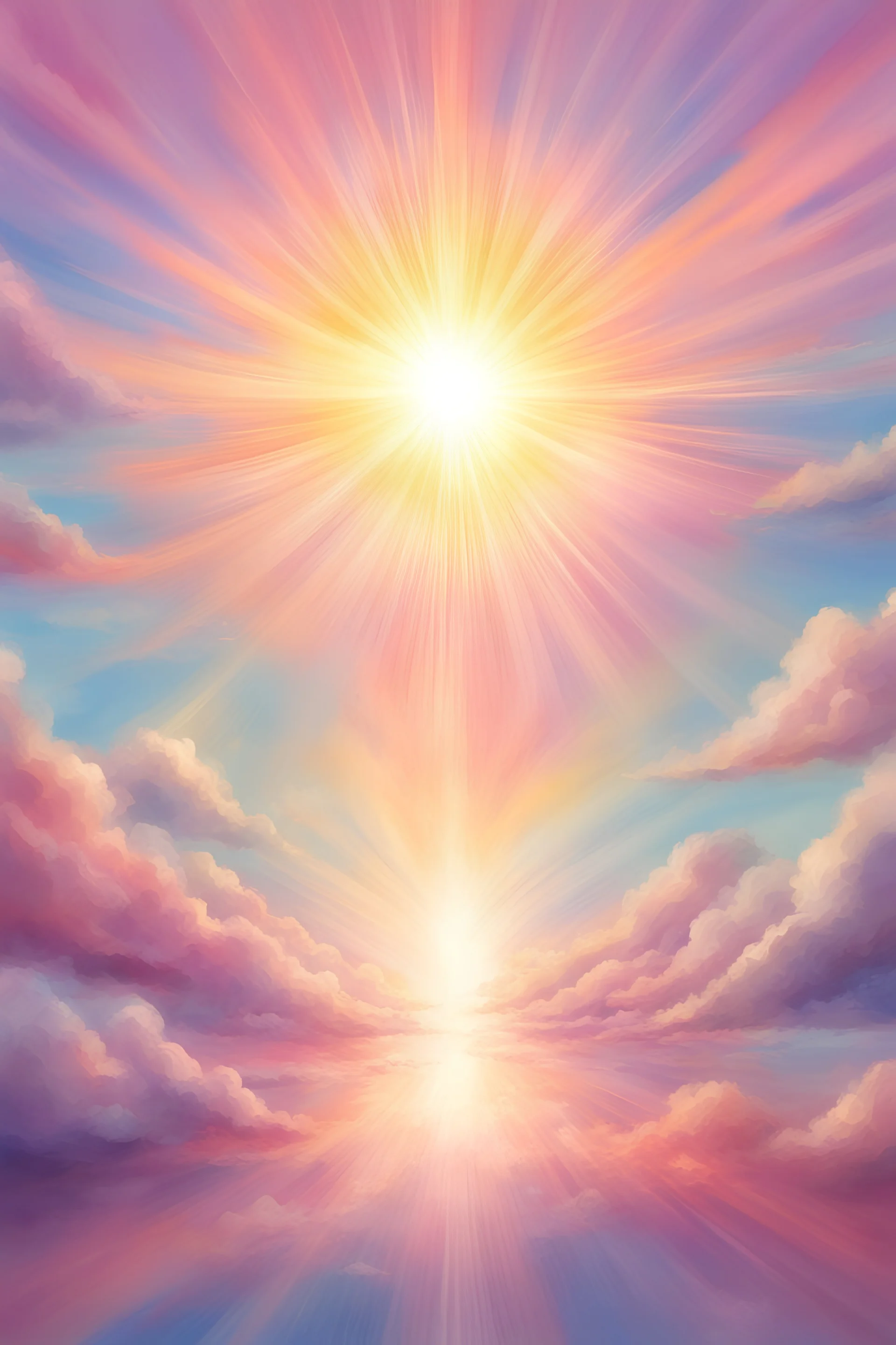 un grand soleil , fort, lumineux, rayonnant , pur et magnifique dans un ciel très doux aux couleurs pastel. force rayonnante, lumière, présence spirituelle, force pulsante, générosité, intensité