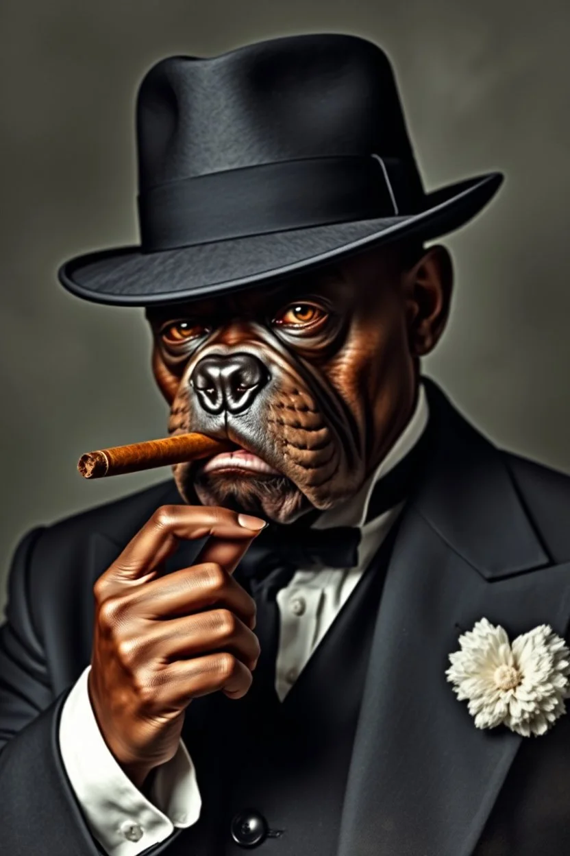 Portrait of a dark bulldog dark skin male, he is wearing a black and white classic hat and a black suit with white papillon and holding a cigar like Chicago gangster of the 1900