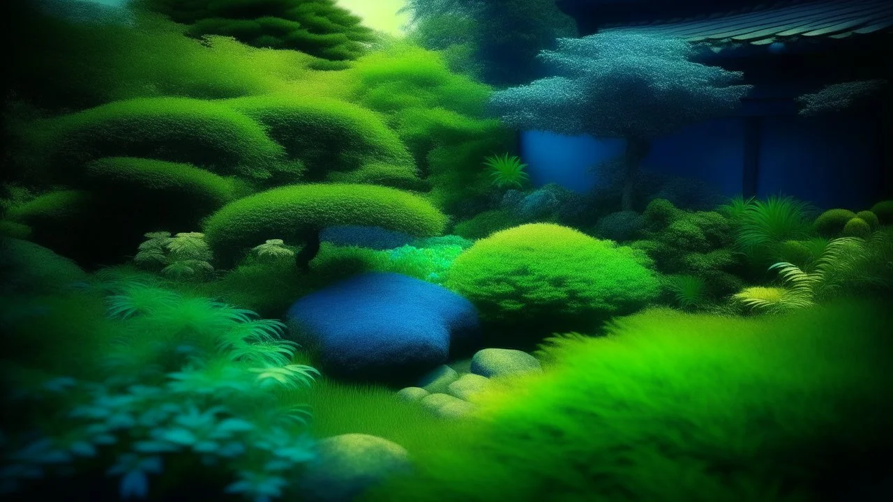 Contemplative and japanese-style realist photo of a garden. Shapes are grainy and with a little blur. Colors are electric blue, electric green and electric grey.