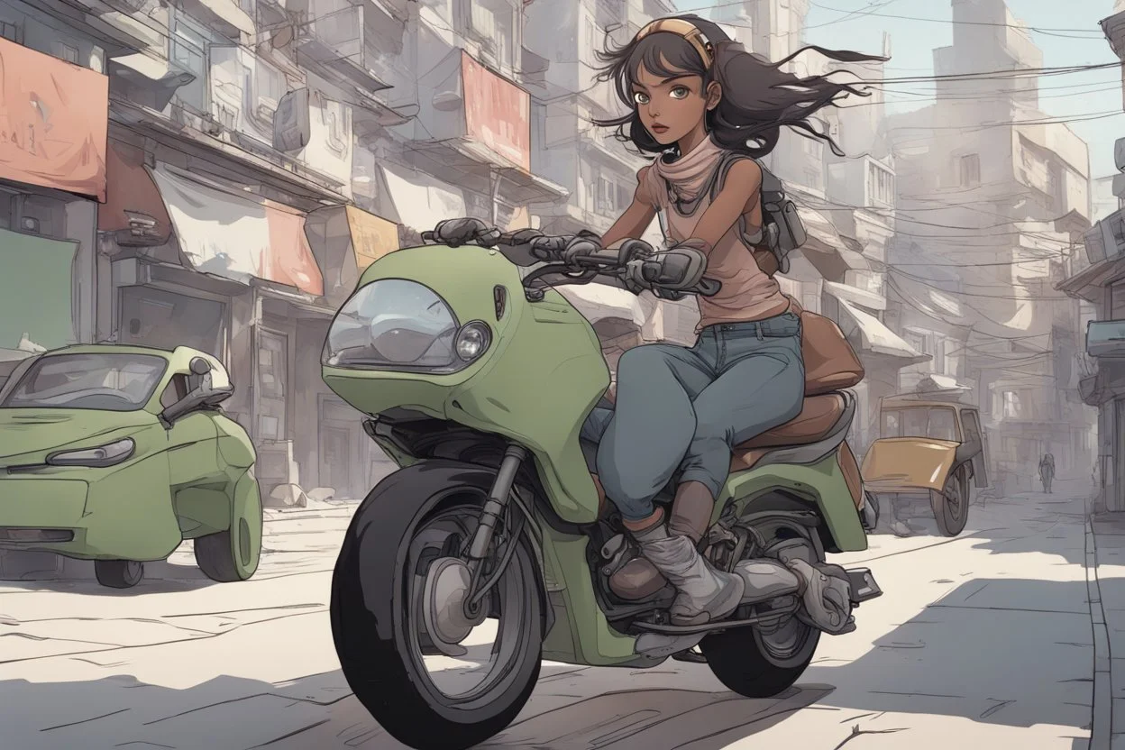 young woman astride a large motorbike, with no wheels, floating on an alien street