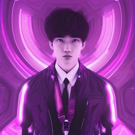 cute asian male, boy, man in futuristic suits, black and white highlight hair color, pink and purple background, pink lighting, deep purple backlighting