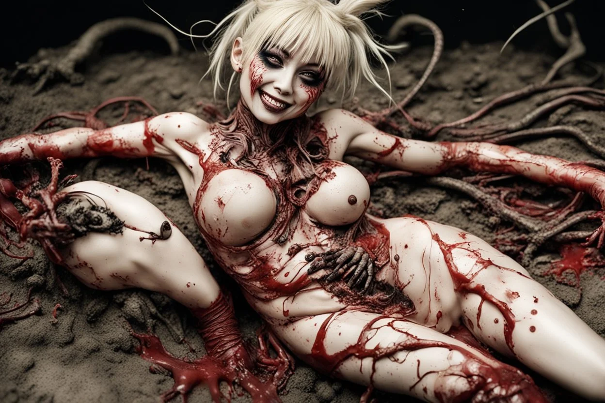 Tank girl, lying pose, his skin turned translucent revealing a network of black veins that extended like roots beneath her epidermis,smiling meanwhile many worms streaming from his mouth, latex suit, highly detailed, fullbody, splashes blood, behind guts rising from the ground, macro photography by <Junji Ito>, darkred tones,