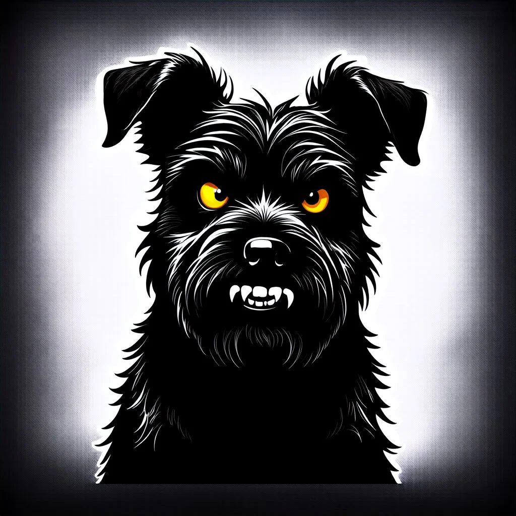 an angry scruffy black terrier on black background, yellow eyes, defined teeth, vector illustration