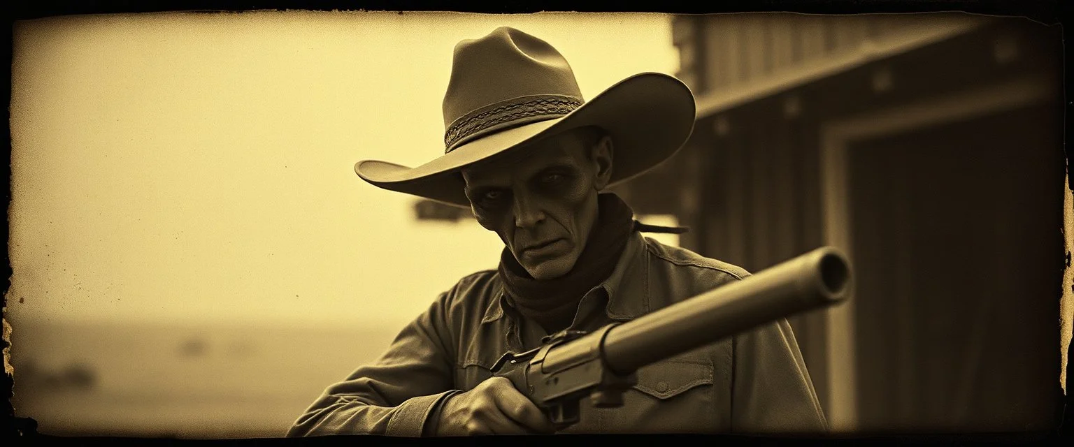 STYLE: gritty 19th-century gothic photography, surrealism.Titian, Rembrandt tactile analog grain, pinhole-camera softness, heavy vignetting, scratched emulsion, rugged irregular photo border. SCENE: alien cowboy, completely absorbed in the mundane task.