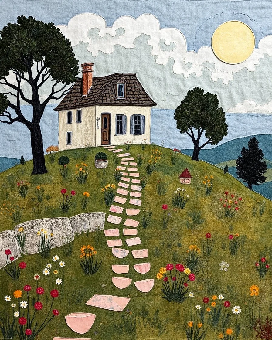 the house on the hill, patchwork art by Jamie Heiden, Peter Doig, Renoir, Pol Ledent, Endre Penovac