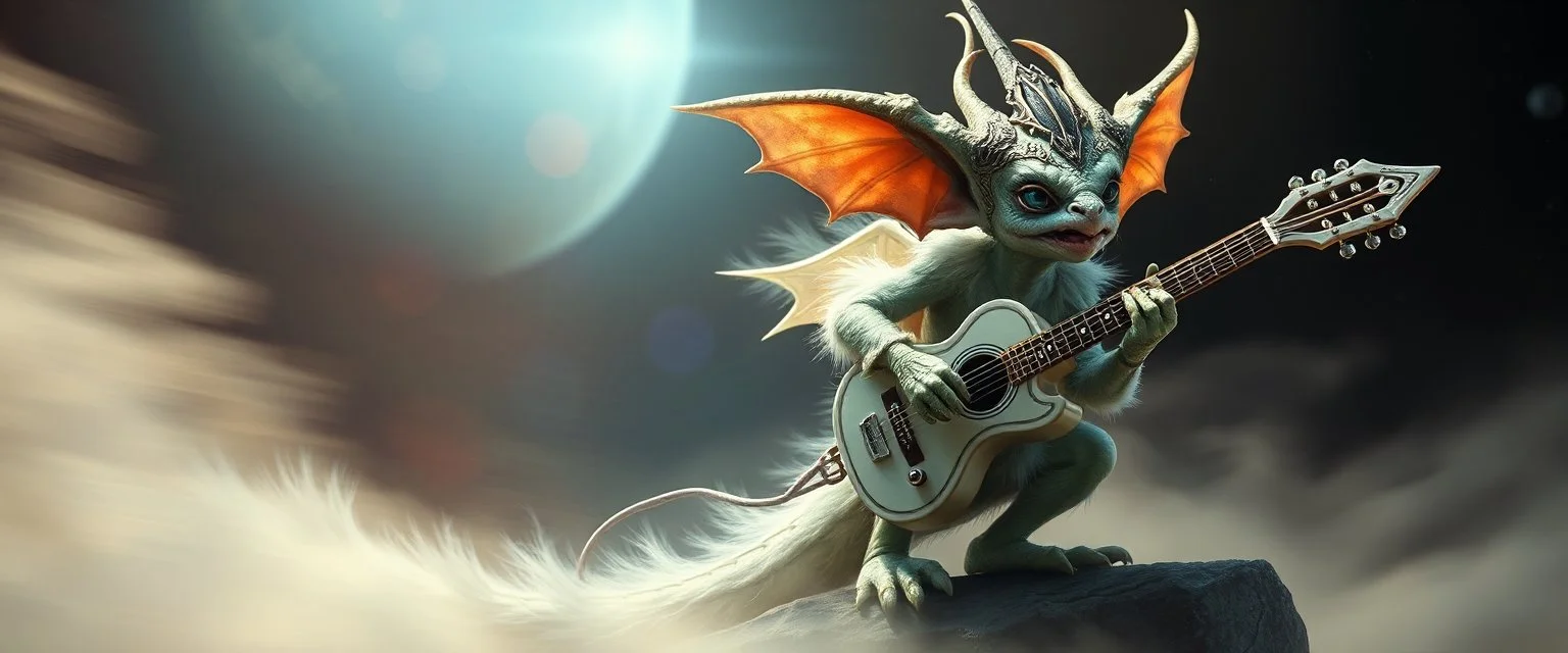 dragon gremlin, fog weightless,high speed blur, fluffy as hell illithid high priest gremlin guitar acoustic banger, instrumental, celtic, georgian, gypsy jazz, back on track portrait of space captain gnome lich, , priest psycho, in cockpit, celtic knot hollow tube transparent core ornate indented space ship, shiny bright mega ship flourescent white blue like bubble gum with a few big windows and decks, interdimensional twister, rock against colored spaced fog, space interior. split tail,