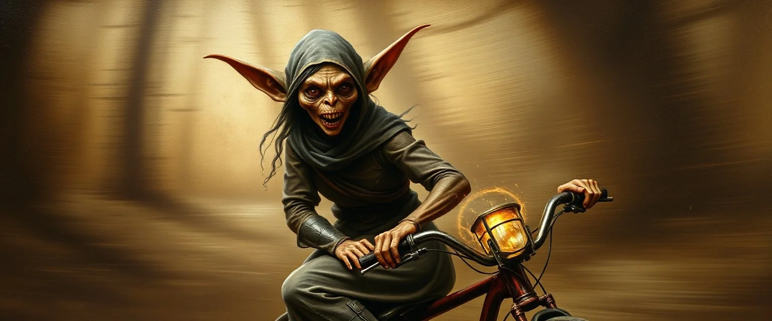 master oil painting by Rembrandt, scary ai sami gremlin woman loab on trike, motion blur background