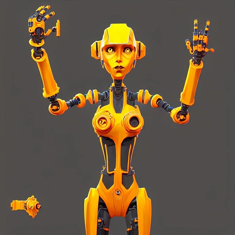 yellow orange robot with caution stripe details, two clamp vice arm tools as hands