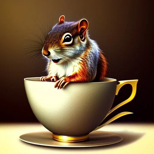 squirrel drinking warm tea surfing waves on a teacup