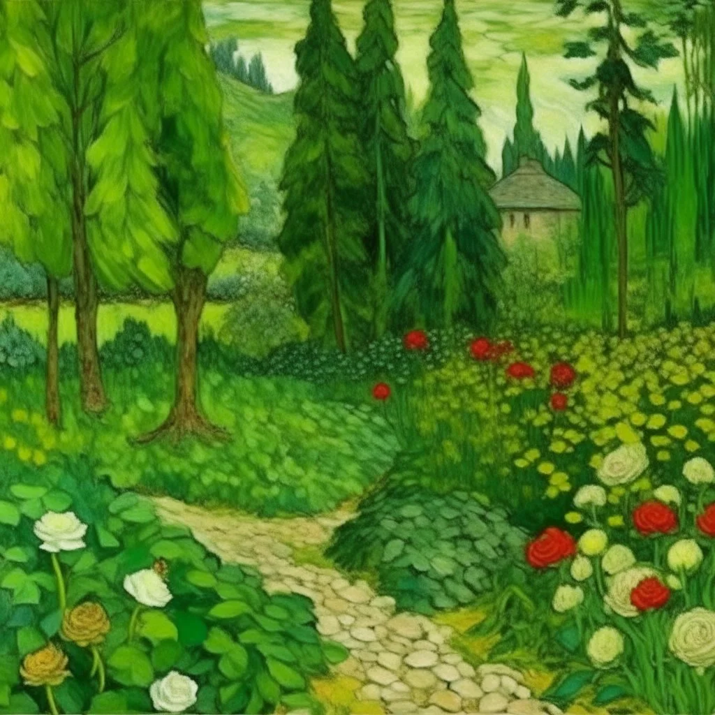 A green kingdom with roses near a woods designed in Ica stones painted by Vincent van Gogh