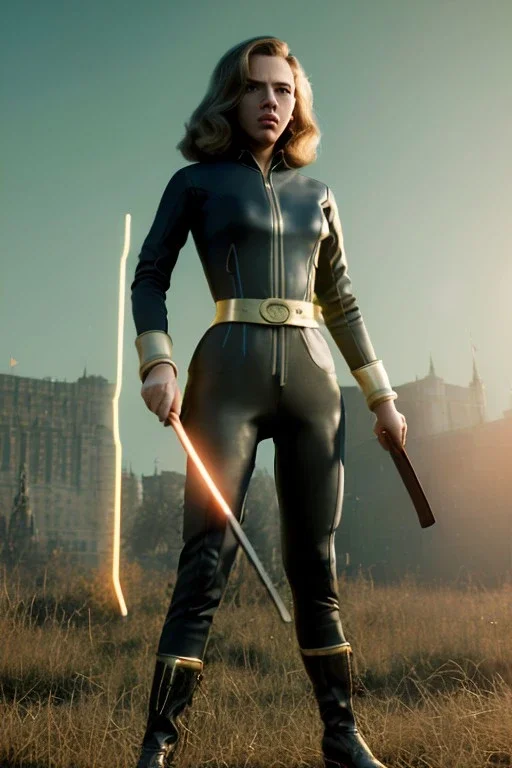 retro portrait image from 1960, Moscow background, wind, long hair, fighting stance, sweet young Scarlett Johansson, classic black tight lycra suit, metal stick weapon, gold bracelet and belt, high heel boots, soft color, highly detailed, unreal engine 5, ray tracing, RTX, lumen lighting, ultra detail, volumetric lighting, 3d, finely drawn, high definition, high resolution.