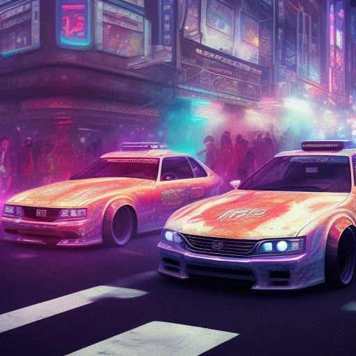 volumetric japan city environment and background, realistic pop-art illustration and highly detailed digital painting of illegal street drifting, ghost flames, inside a vibrant city, underground jdm scene, d1 grand prix, nissan, mitsubishi, otaku, neon, toyota, honda, subaru, highly detailed, money, high contrast, realistic shaded volumetric lighting, 8k, tokyo drift, reflective ground, octane render, smoke, burnout, vitality colours, colorful, uhd, blue fires, dk, hooning manga art by sam curry