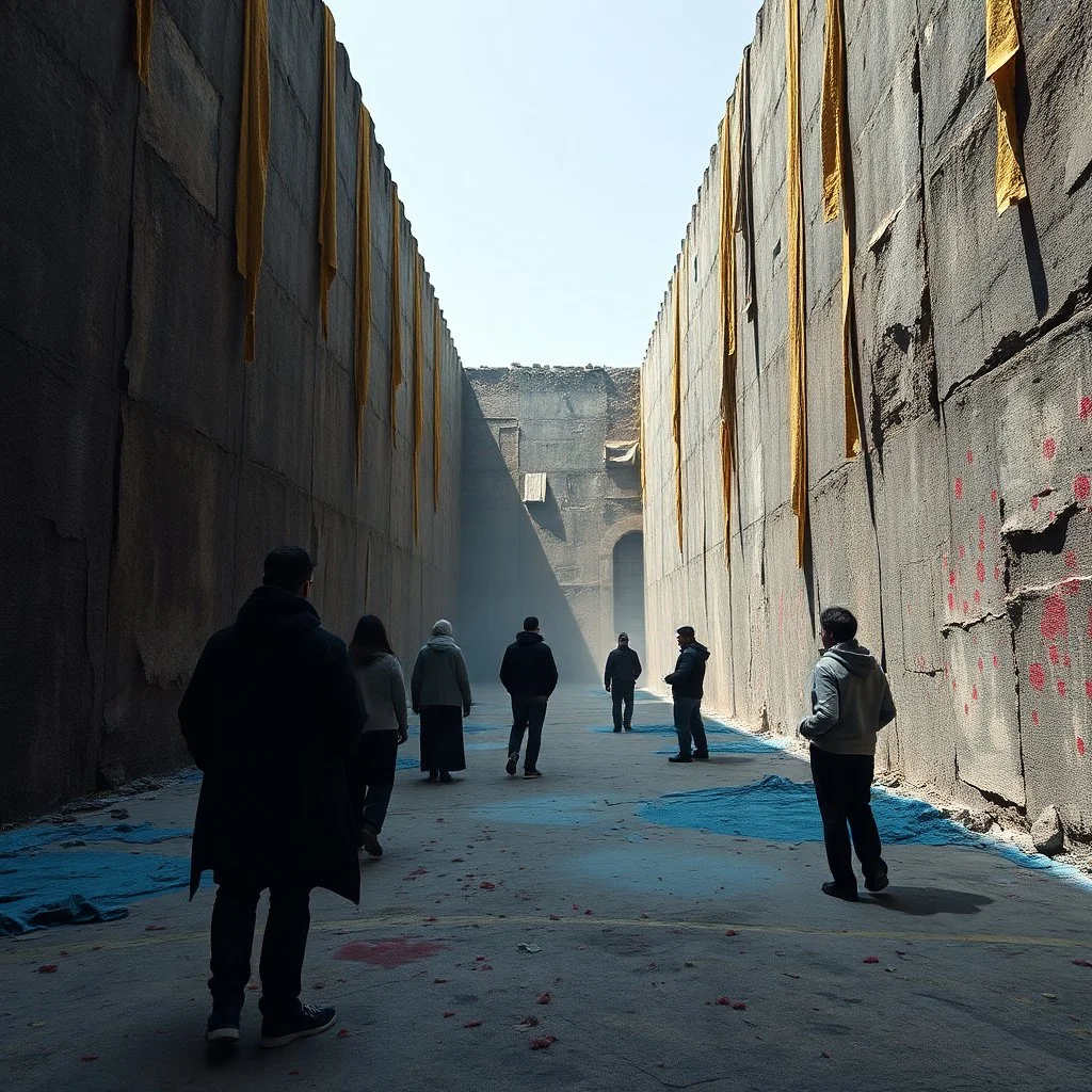 Photograph, fili, giant brutalist, rags, daylight, brutalist, some people, red spots, blue liquid, open air museum style, telo nero, molti teli di vari colori, powder, punto giallo, minimalist, details of the dust very accentuated, 8k, deep 3d field