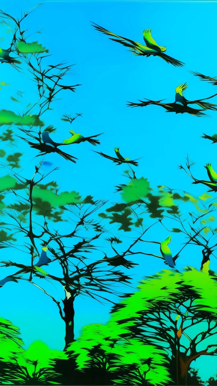 Cerulean treetops with birds painted by Andy Warhol
