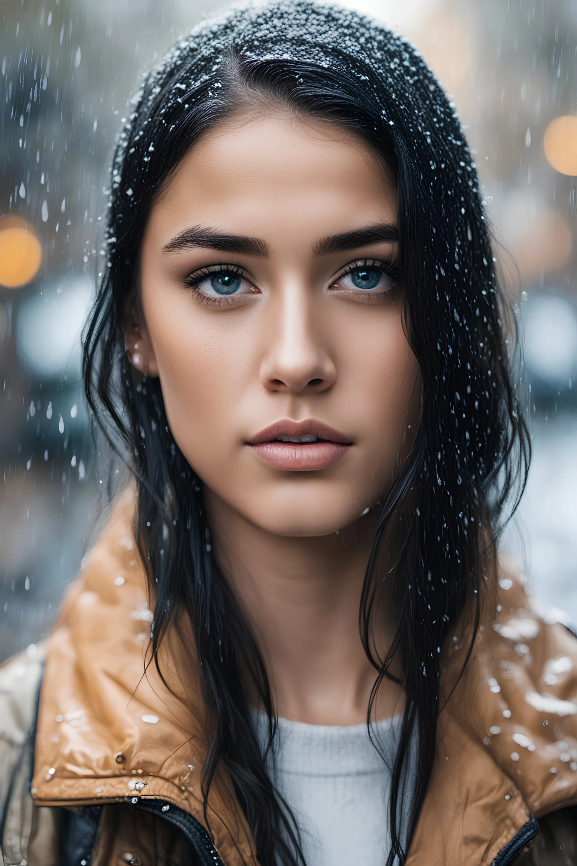 photorealistic close-up portrait of a beautiful girl standing in the rain on a street with a blurred background during a winter day. The rain should be wetting her black hair, and some raindrops should be sliding down her face, She has blue eyes. use a Nikon D850 DSLR 4k camera with a 200mm lens and an aperture of F 1.2. The scene should be made dramatic with the light from a streetlamp enveloping her. Capture the mood and emotions of the moment in this wintery and rainy setting