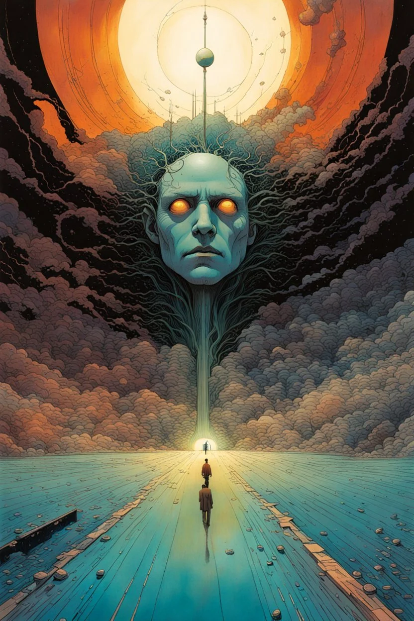 a surreal portrait of the inner workings of a disturbed mind as a nightmarish pit of seething pain , Tracy Adams , Gabriel Pacheco , Douglas Smith , Bill Sienkiewicz, and Jean Giraud Moebius , muted natural color, sharp focus, ethereal and filled with wonder