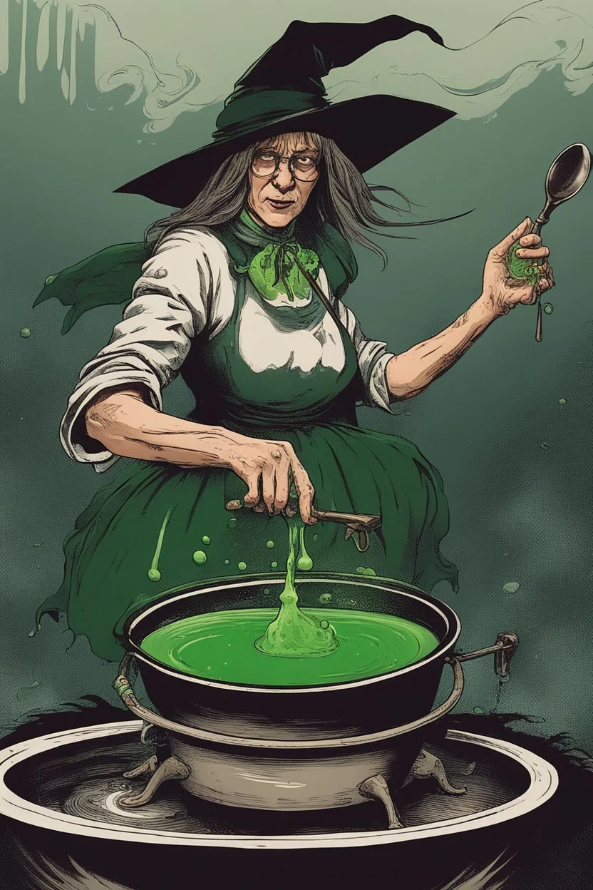 Witch gripping the handle of a spoon with both hands to stir a huge cauldron with green bubbling liquid