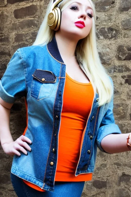 blonde taking selfie.thick thighs,thick calves,flat belly,curvy fell. New kind of bolero is sewed of upcycled Denim, which condescends with integrated bag[SIC]. It is sewed together of camouflage pieces, whose color are all denim colors, orange, cream and purple. Big colored headphones (gold rings!) is merged with small felt cap with small visor. It is with big bright purple felt tippet and birght-colored-hood is merged with colorful beanie. Style: Haute Couture, 1980's Finland, N.Y.C fashion