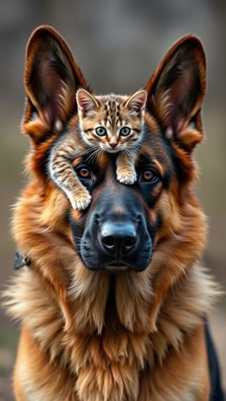 A German shepherd with a cat on his back