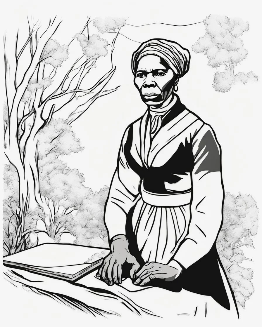 Outline art for coloring pages with Harriet Tubman, white background, sketch style, only use black outline, white background, no shadows and well and clear outline