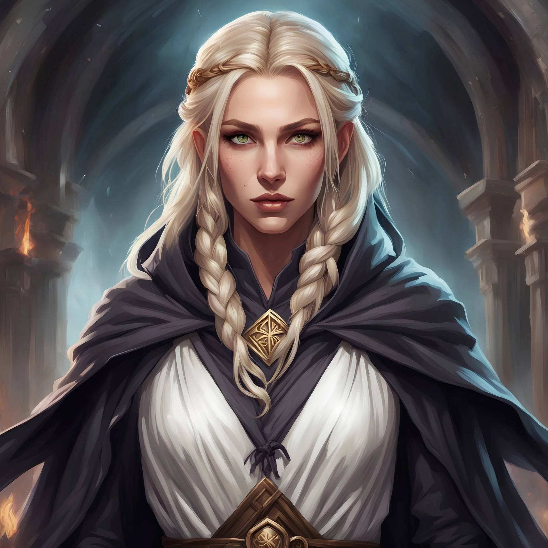 dungeons & dragons; digital art; portrait; female; wizard; sorceress; witch; ash blonde hair; young woman; flowing greek robes; cloak; hood; single braids; dark clothes; traveling clothes; confident