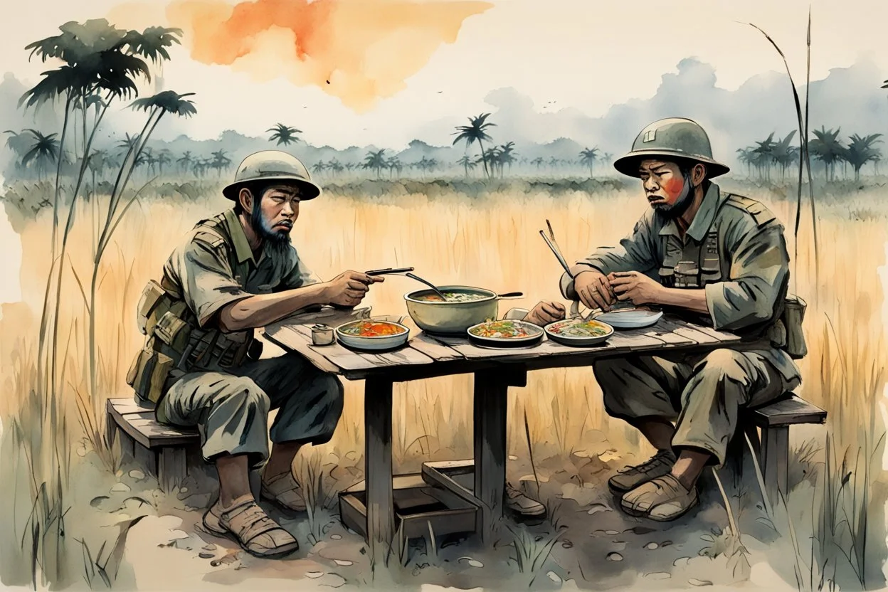 a Viet-kong guerilla and an American soldier sitting at a small wooden table at dawn in the middle of a rice field and eating a big bowl of Pho soup, thier AK-47 and M16 are put aside, watercolor and ink, tint bleed, pastel colors of drab, beige, green, black, yellow and orange