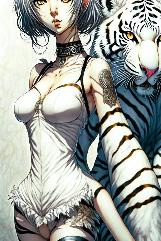 junji Ito ~ shintaro kago ~ apollonia saintclaire ~ saturno butto ~ anime woman posing. standing next to giant fierce white tiger. anime style alluring. cute, amazingly girly. Cute. anime girl. unrealistic feminine anatomy, very feminine pose. Gorgeous features . Hyper detailed. High definition. Anime style. HDR. 8k. This contrast between the fantastical character and the more bold color scheme and elements gives the piece an intriguing narrative quality. painted realism, photorealistic, fantasy